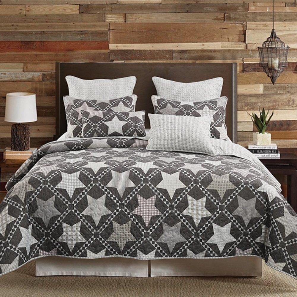 Cottage Country Farmhouse Grey Star Printed Queen Quilt Set Modern Rustic